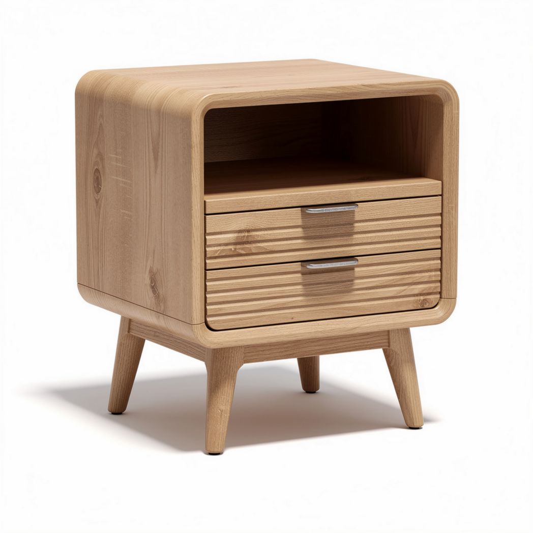 Table de chevet en bois naturel avec deux tiroirs et un espace ouvert 40 x 40 x 50cm