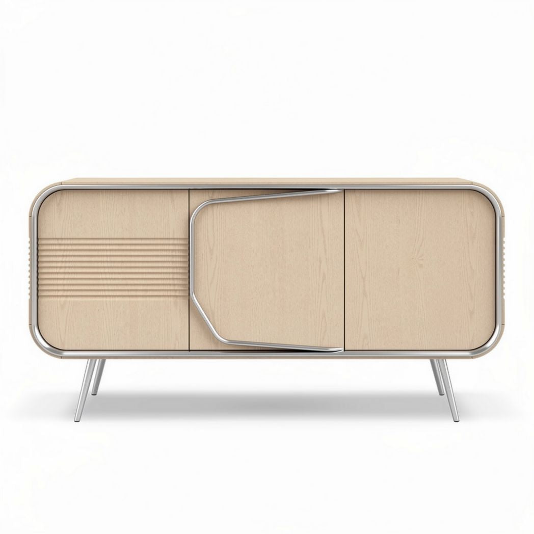 Meuble de salon en bois clair avec portes coulissantes et pieds en métal 150 x 40 x 70cm