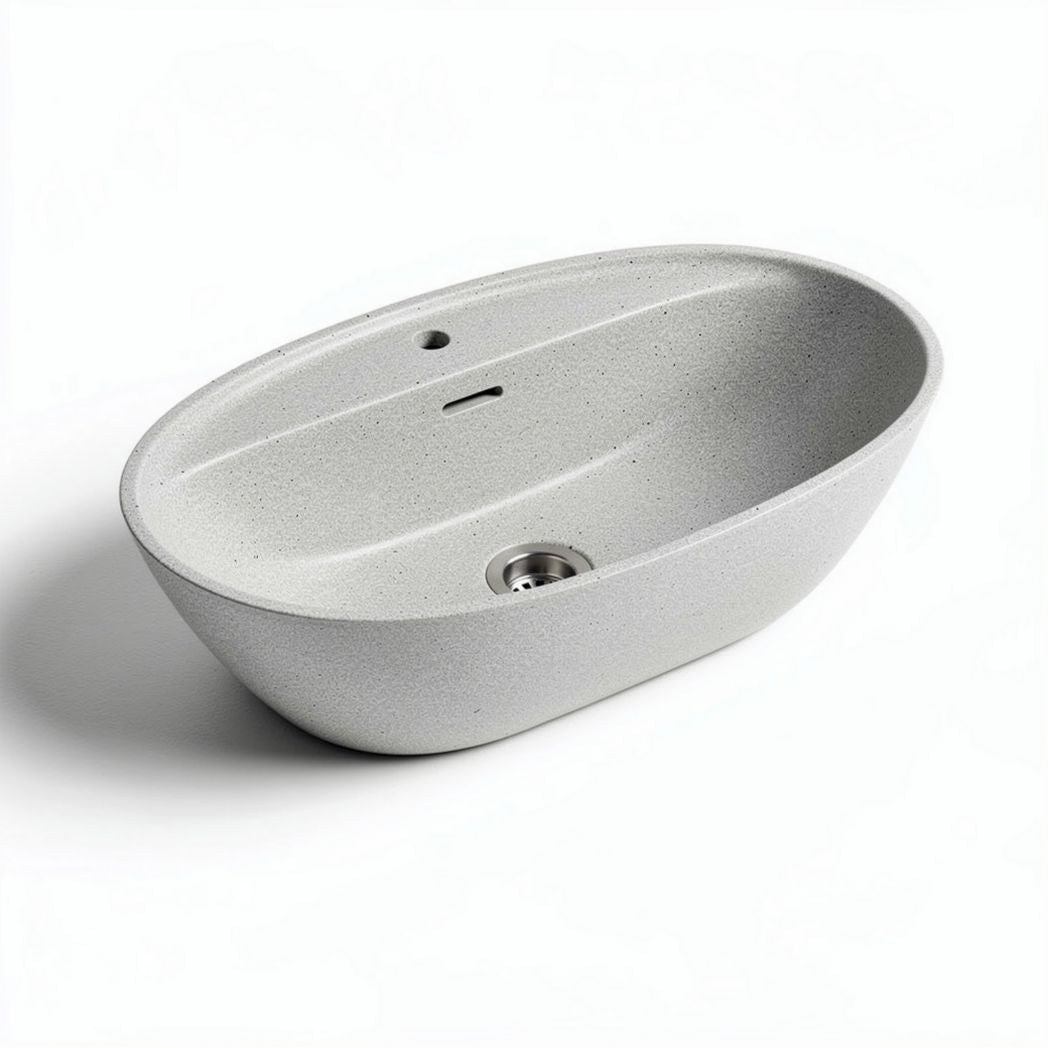 Lavabo ovale en résine minérale gris clair 60 x 35 x 15cm pour salle de bain