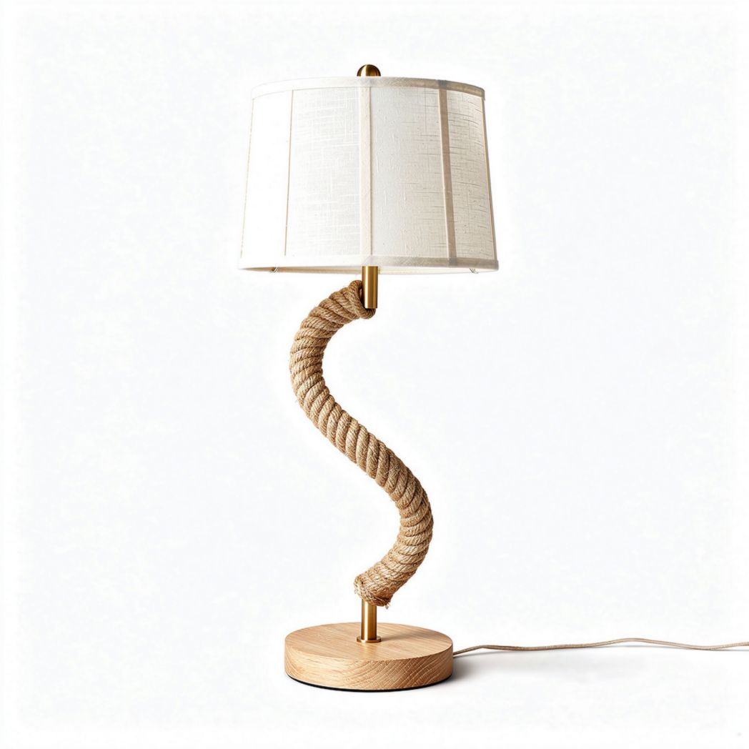 Lampe de table en bois avec pied en corde de jute et abat-jour blanc 30 x 30 x 60cm