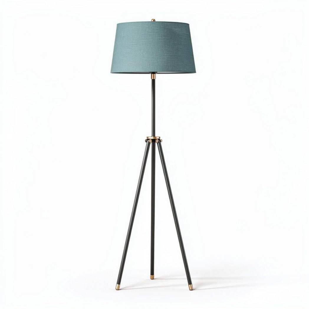 Lampe sur trépied en métal noir avec abat-jour en lin bleu 30 x 30 x 150cm