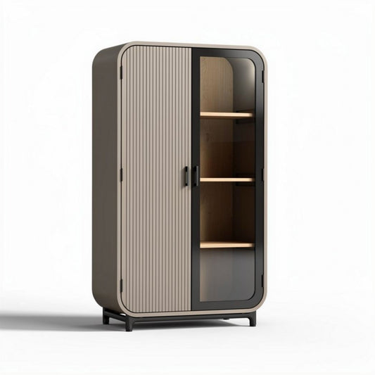 Armoire en bois de couleur beige et noir avec portes vitrées et étagères 80 x 40 x 160cm