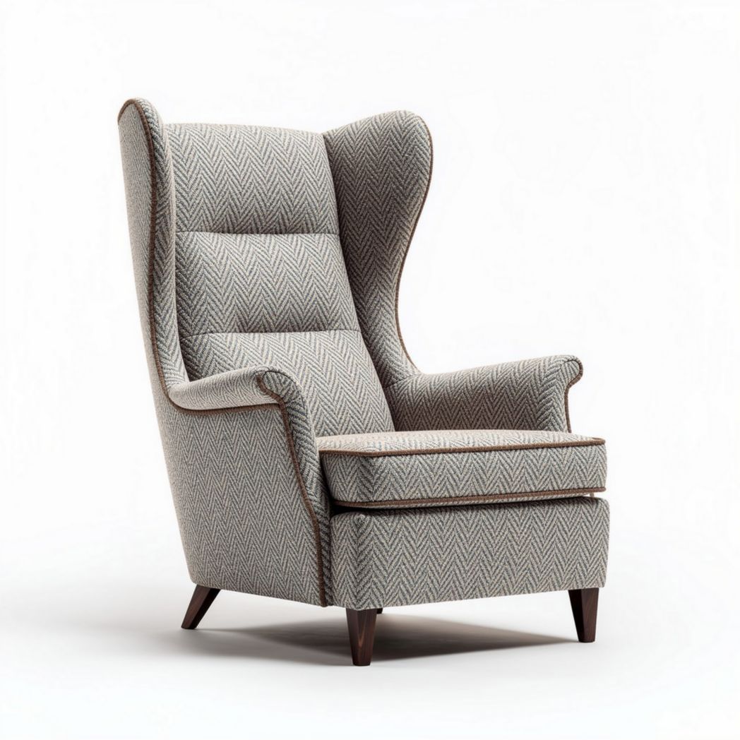 Fauteuil en tissu herringbone gris avec accoudoirs et dimensions 85 x 85 x 110cm
